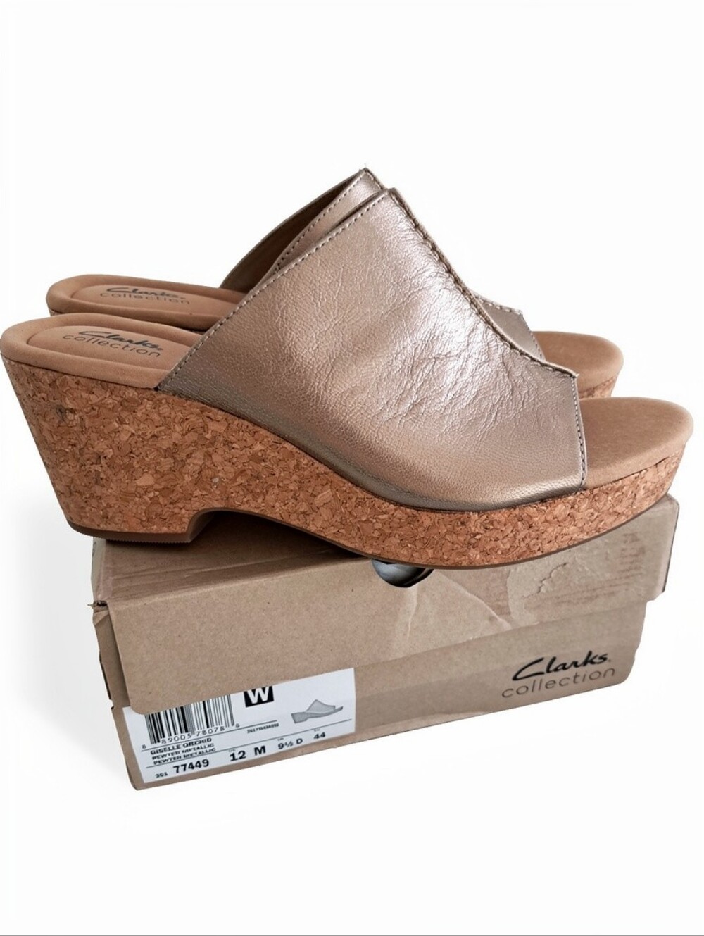 Clarks Giselle Orchid Women's Slip On Wedge Leather Sandals Size 12 Pewter NEW